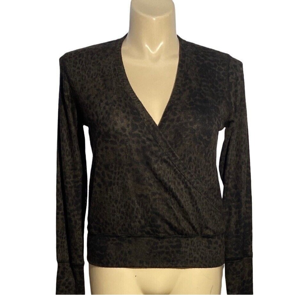 Sundry Top LARGE Black Gray Brown Animal Print‎ Gold Metallic Stitch Wrap Front